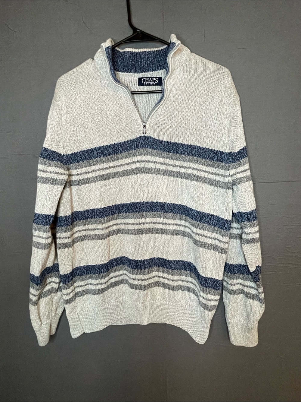 Chaps Men's Quarter Zip Sweater Medium Blue Grey Striped Mock Neck Knit